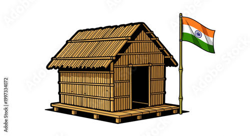 Traditional Bamboo Hut with Indian Flag