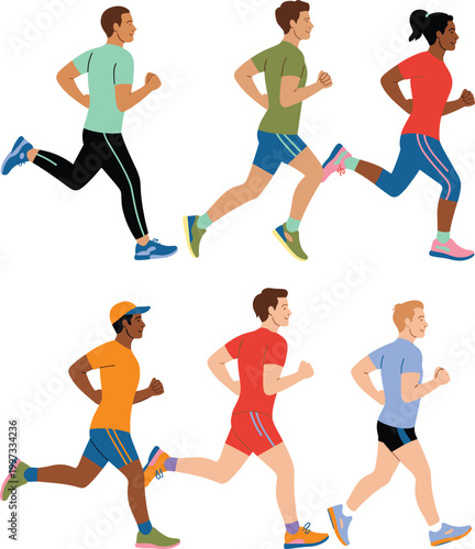 Running people set, men and women jogging fitness exercise active lifestyle sports vector illustration