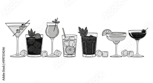 Collection of Various Cocktail Drinks and Ice Cubes.