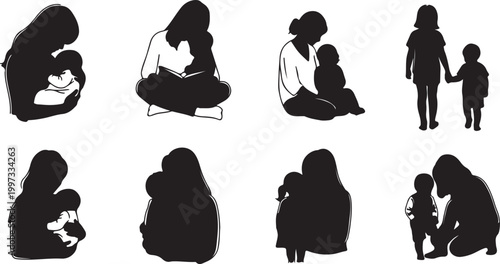 continuous single line drawing of mother looking through a book with young daughter sitting on her lap, line art vector illustration