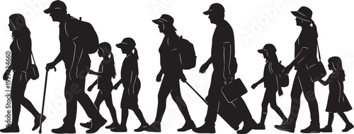 A diverse group of family travelers walking together, carrying luggage and backpacks, embarking on an exciting journey or vacation adventure as silhouettes