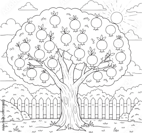 Educational black and white coloring page outline depicting a vibrant fruit-bearing tree within a charming garden landscape, perfect for children's creative art projects and learning about nature