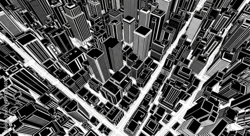 High Angle View of a Stylized Cityscape in Black and White.