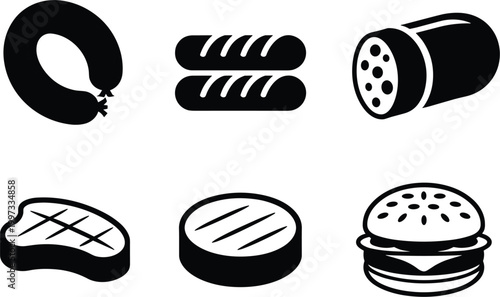 Meat food icons set, sausage salami steak burger cuts, butcher products vector illustration