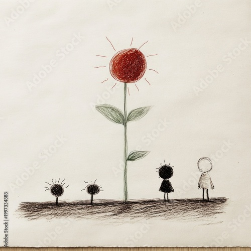 Educational Doodle Pattern: Plant Blooming Stage with Flower Formation by Child Style Drawing