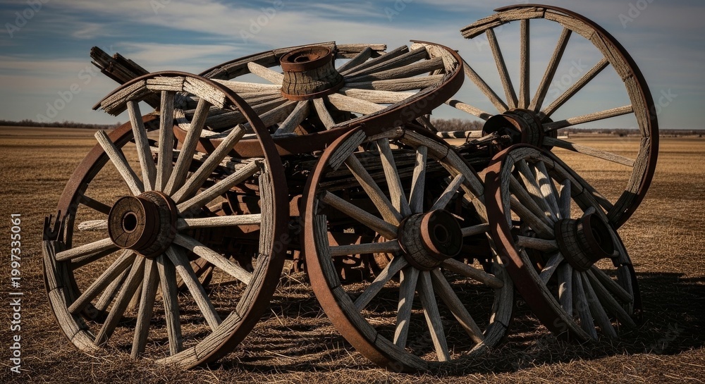 Fototapeta premium Pile of Broken Wooden Wagon Wheels Outdoors