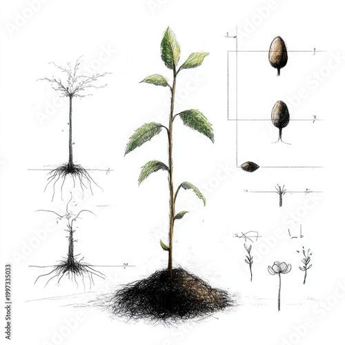 Plant Life Cycle Doodle Pattern: Growing Plant from Sprout to Bud Formation
