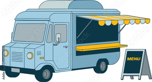 Food truck street vendor vehicle, mobile restaurant with menu board fast food service vector illustration