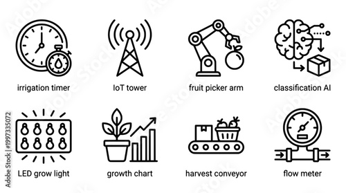 Modern agriculture and technology icons for smart farming applications
