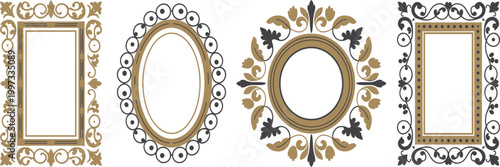 Professional set of ornate gold and black picture frames with vintage baroque style borders for premium gallery and interior design vector