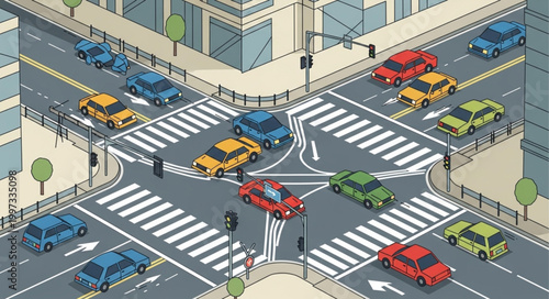 Busy City Intersection with Cars and Traffic Lights.