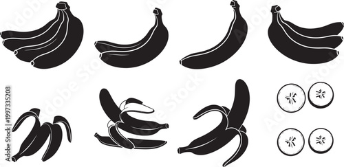 Graphic collection of various banana silhouettes, depicting whole bunches, single fruits, partially peeled bananas, and sliced cross-sections, ideal for diverse design projects