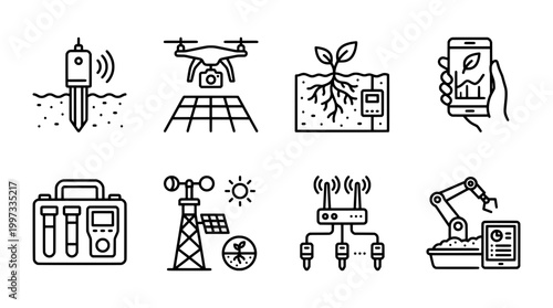 Modern agriculture technology icons drone soil sensor smart farming concepts