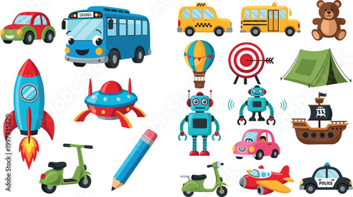 Fun Collection of Colorful Vehicles, Robots, Airplanes, and Adventure Icons for Kids, Travel, and Exploration Design Projects