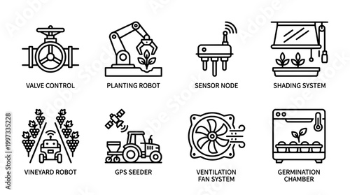 Modern agriculture technology icons illustrating automated farming processes