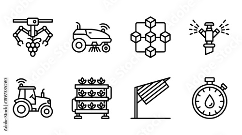 Modern agriculture technology icons robotic harvesting sprinkler system tractor