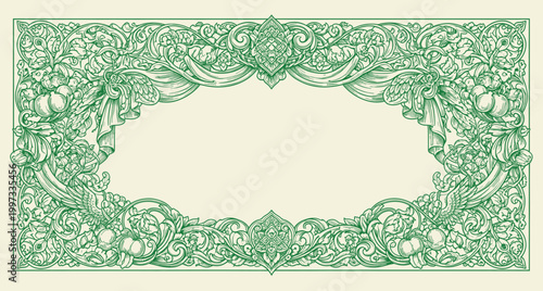 Foto Ornate Green Border Frame with Floral Motifs and Central Ribbon