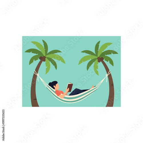 Woman Reading in Hammock Between Palm Trees