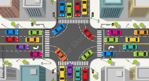 Busy City Intersection With Many Cars.