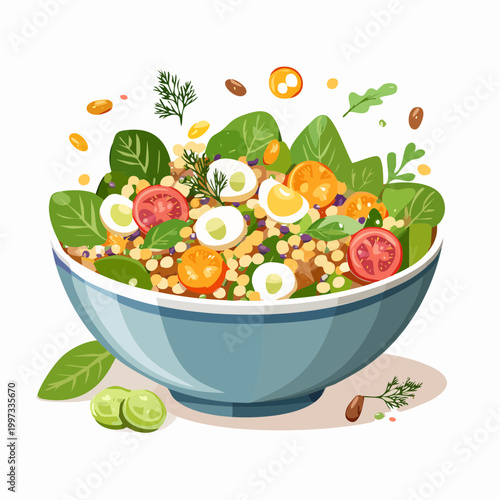 Linsensalat mit Frühlingsgemüse und Kräutern gesund angerichtet