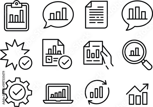 Business analytics line icons set, data charts reports documents and growth symbols outline vector illustration