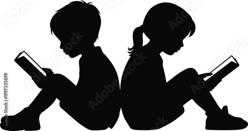 Children reading books silhouettes, boy and girl sitting back to back education concept vector illustration