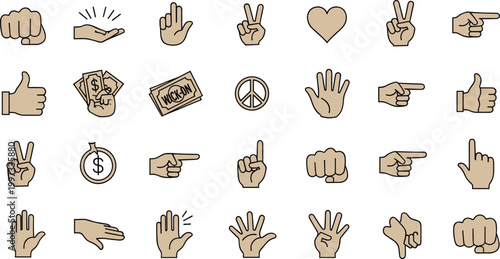 Hand Gesture Icon Set Featuring Symbols of Peace, Money, Love, and Directions for Communication, Sign Language, and Social Media Designs