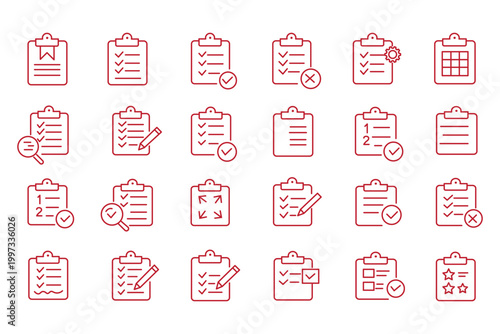 Clipboard icon set. Report and survey editable line icons. Vector illustration.