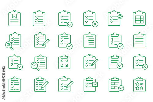 Clipboard icon set. Report and survey editable line icons. Vector illustration.