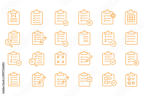 Clipboard icon set. Report and survey editable line icons. Vector illustration.