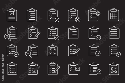 Clipboard icon set. Report and survey editable line icons. Vector illustration.