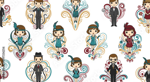 Art Deco Characters Pattern Illustration with Copy Space