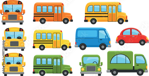 Illustration of Different Types of Vehicles Including School Buses, Vans, and Cars for Transportation, Urban, and Travel Design Projects