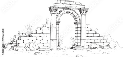 Detailed vector illustration of ancient historical ruins, showcasing a majestic stone archway with crumbling steps, evoking the timeless beauty of classical architecture and forgotten civilizations