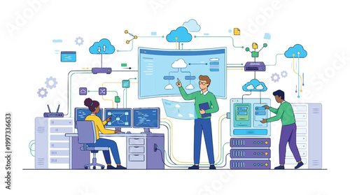 Diverse team of IT professionals collaborating on cloud computing and network infrastructure development in a modern office setting illustrating digital transformation and data management