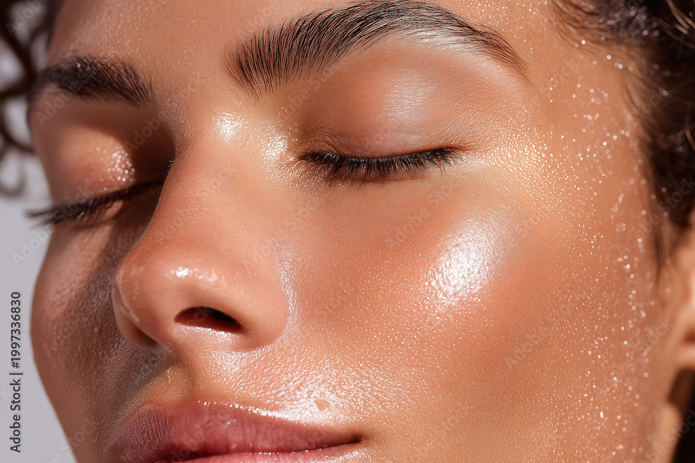 Fototapeta premium Glowing dewy skin close up with micro water droplets, smooth complexion, natural makeup, radiant cheek highlight, closed eye, fresh skincare texture