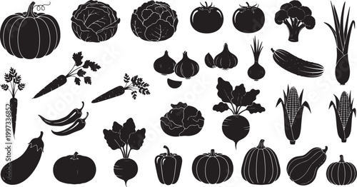 Diverse collection of fresh vegetable silhouettes, representing healthy eating, organic produce, and garden-fresh bounty; a natural symbol of wholesome nutrition