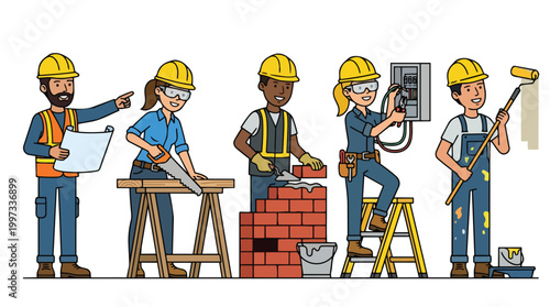Diverse Construction Workers Team Illustration Vector Graphic Featuring Builders, Electricians, and Painters