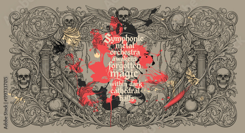 Symphonic metal orchestra artwork with skulls and ornate borders