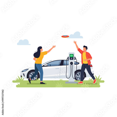 Electric car charging with fun frisbee toss on a sunny day