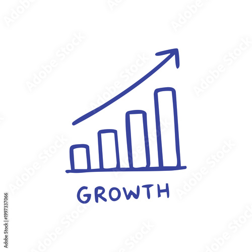 Hand drawn blue business growth bar chart icon.