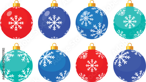 Christmas ornament ball vector set with snowflake design in red blue and teal glossy shiny holiday tree decoration bauble collection illustration design