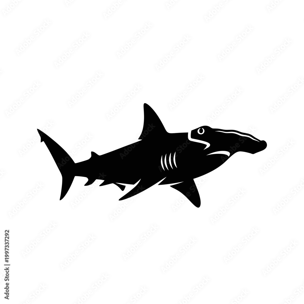 Fototapeta premium Silhouette of a hammerhead shark in black against a white background, isolated.