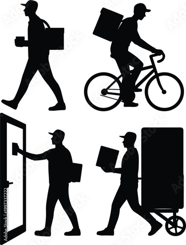 Professional black silhouette icon set of various delivery services with courier and bicycle for logistics vector
