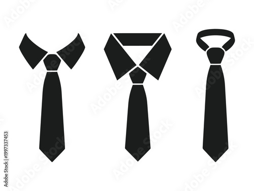 Three black silhouettes of different neckties and bowties on white background
