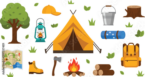 Camping and outdoor adventure vector set with tent, campfire, lantern, axe, backpack, map, boot, sleeping mat and forest nature equipment collection design