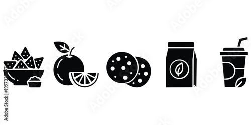 Culinary Silhouette: An enticing silhouette of an array of culinary delights, featuring a bowl of nachos, a juicy orange, appetizing cookies, a bag of tea leaves, and a refreshing beverage.