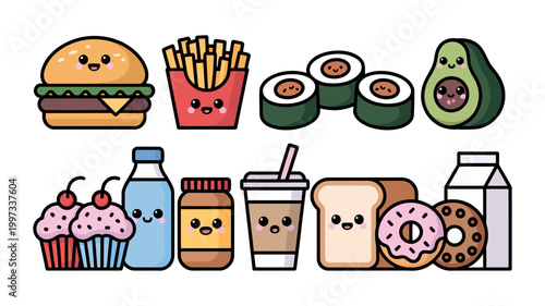 Kawaii food assortment with cupcakes delicious illustration collection assortment whimsical character
