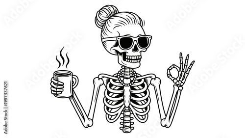 Skeleton woman with sunglasses holding a coffee cup and showing ok sign black and white skeleton sunglasses