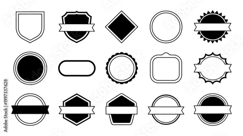 Assortment of fifteen graphic design elements including shields circles badges banners with blank space